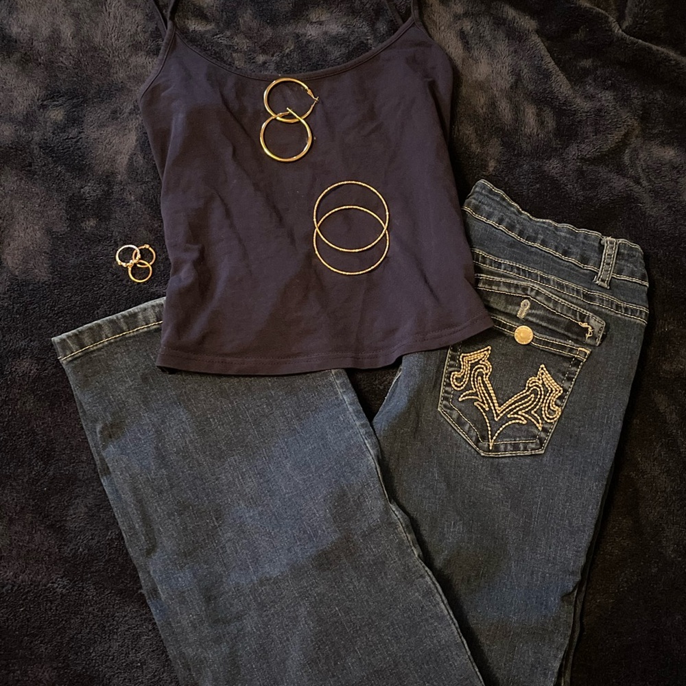 Blue Bootcut Jeans with White Pocket Designs
